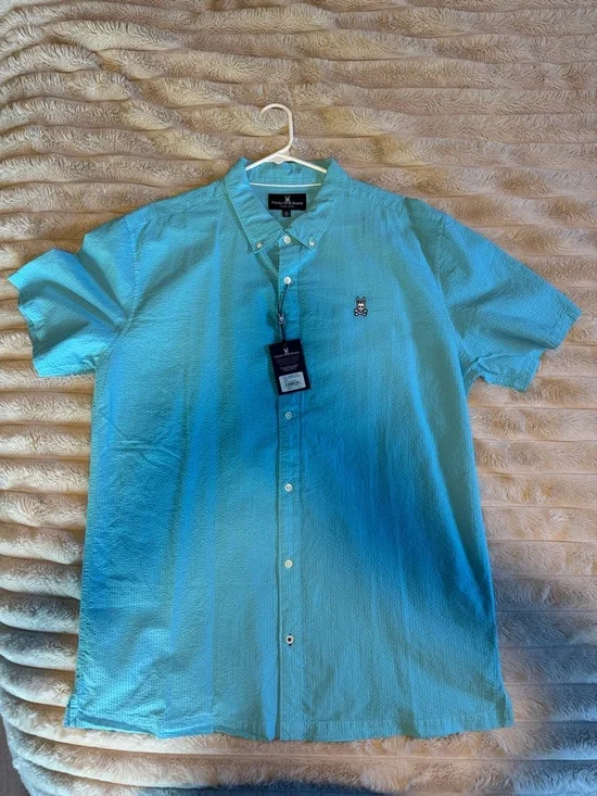 Psycho Bunny Aqua Button-Down Short Sleeve Shirt - Picture 1 of 2